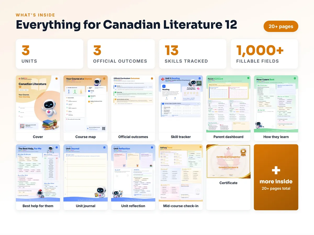 What's inside the Canadian Literature 12 workbook — checklist, skills tracker, reflections, parent pages and certificate