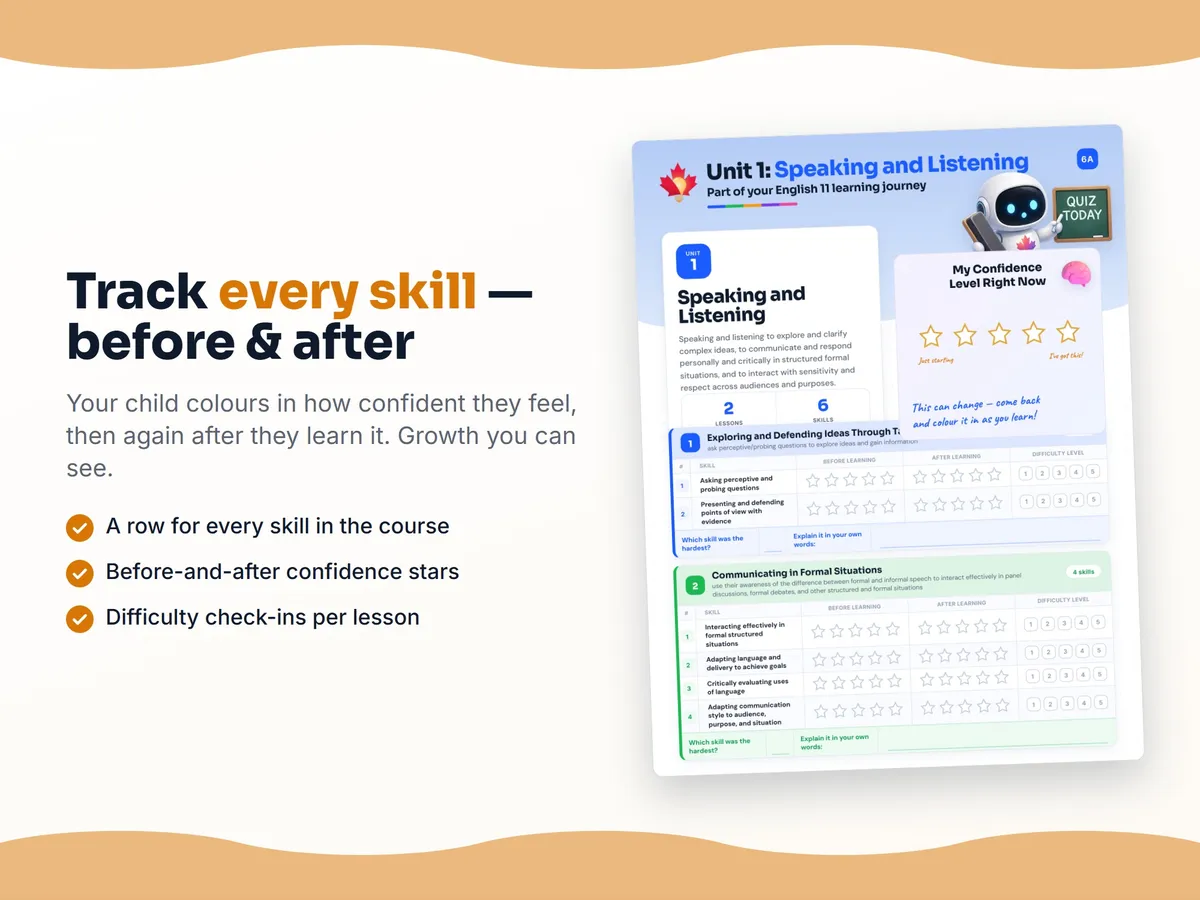 Student self-assessment tracker — before and after confidence rating for each English 11 skill