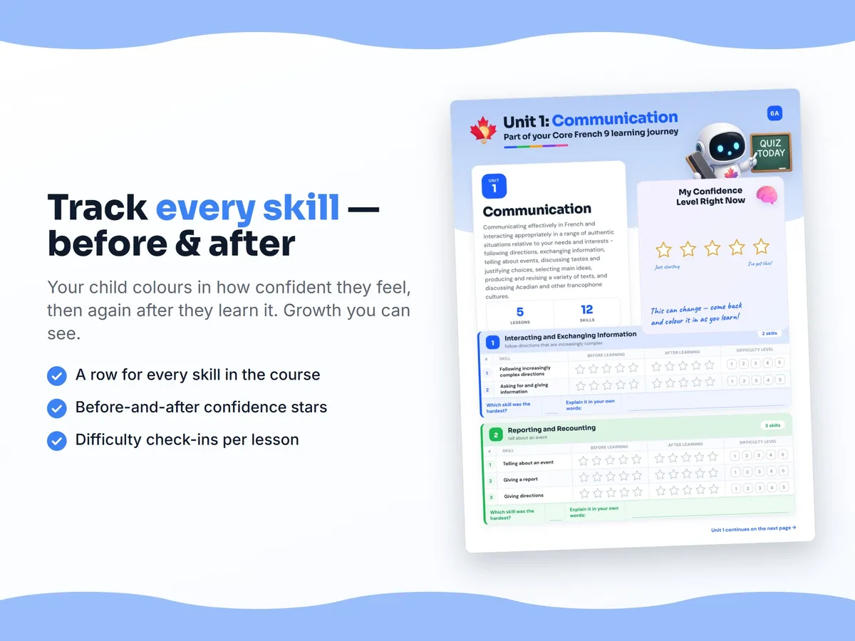 Student self-assessment tracker — before and after confidence rating for each Core French 9 skill