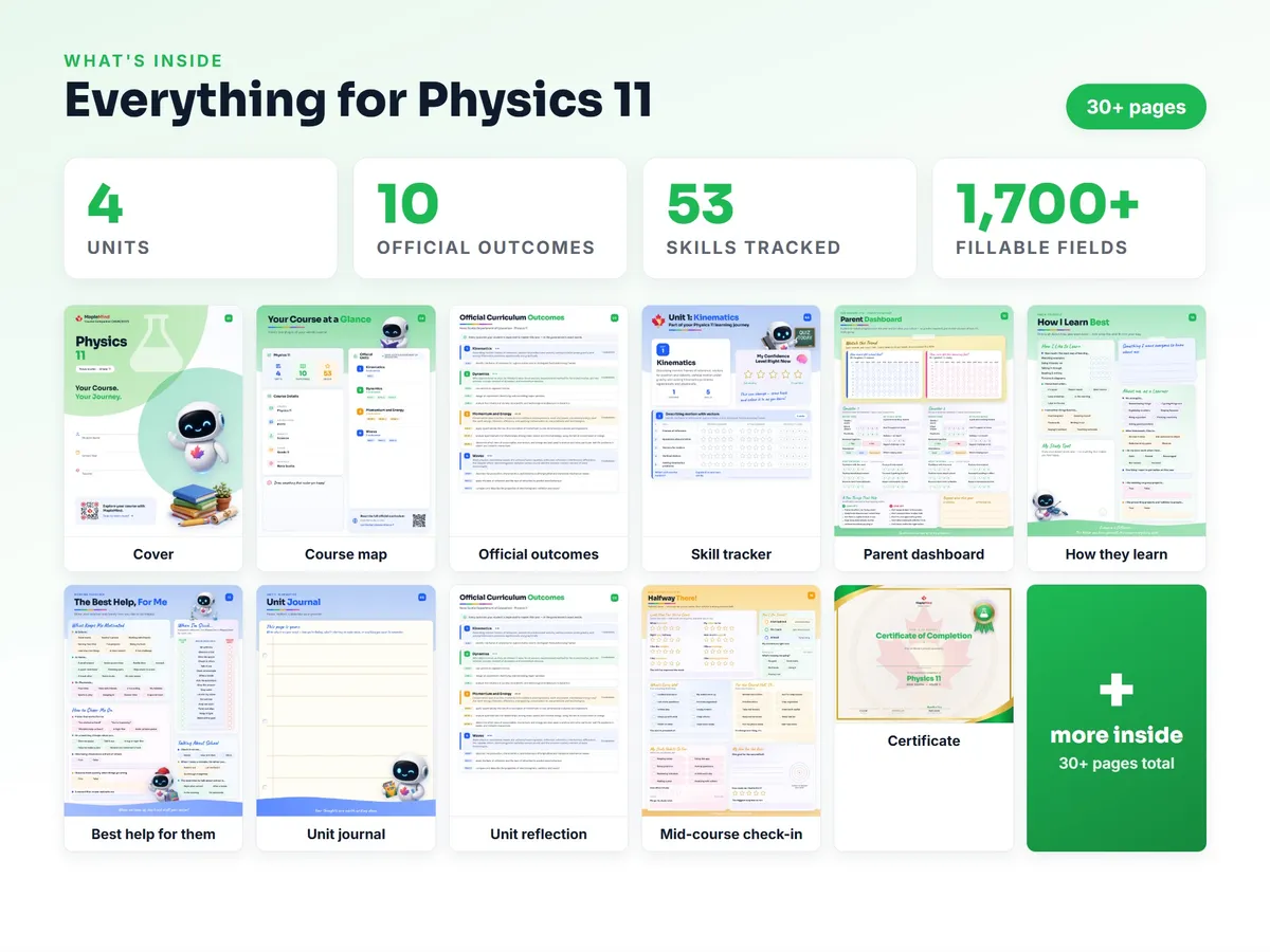 What's inside the Physics 11 workbook — checklist, skills tracker, reflections, parent pages and certificate