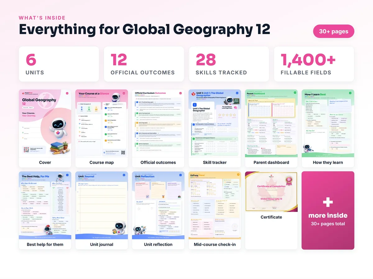 What's inside the Global Geography 12 workbook — checklist, skills tracker, reflections, parent pages and certificate