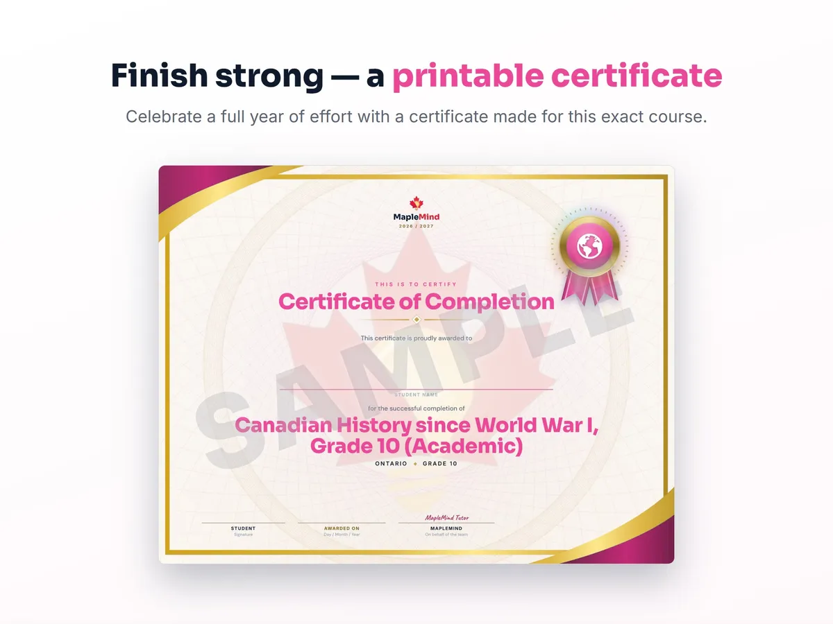 Printable certificate of completion for Canadian History since World War I, Grade 10 (Academic) — end of year student award