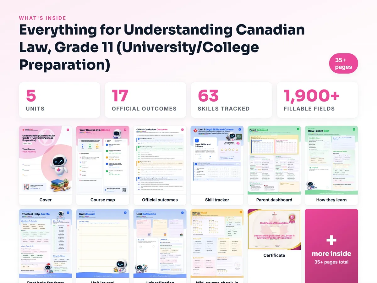 What's inside the Understanding Canadian Law, Grade 11 (University/College Preparation) workbook — checklist, skills tracker, reflections, parent pages and certificate