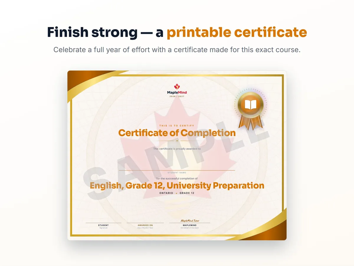 Printable certificate of completion for English, Grade 12, University Preparation — end of year student award