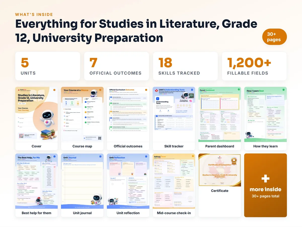 What's inside the Studies in Literature, Grade 12, University Preparation workbook — checklist, skills tracker, reflections, parent pages and certificate