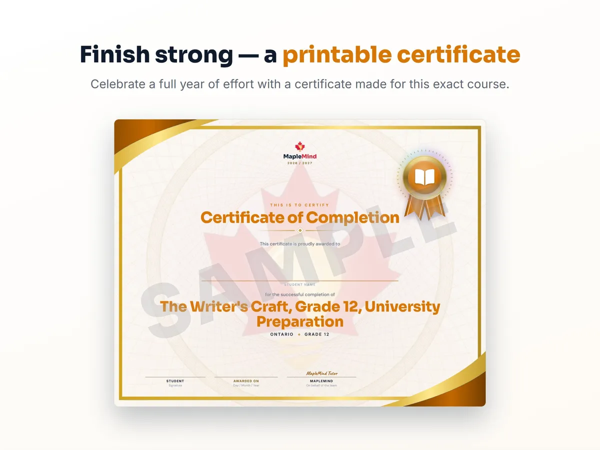 Printable certificate of completion for The Writer's Craft, Grade 12, University Preparation — end of year student award