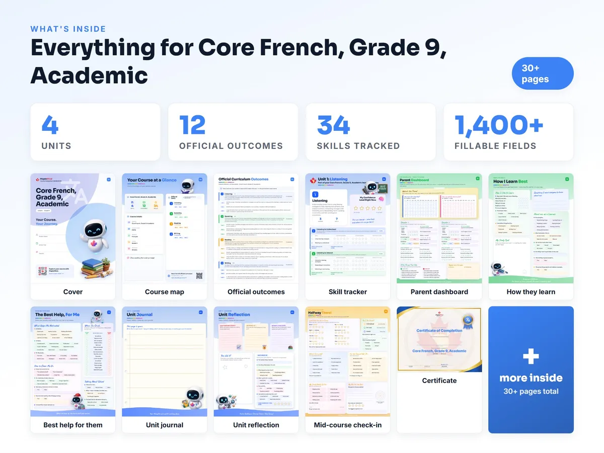 What's inside the Core French, Grade 9, Academic workbook — checklist, skills tracker, reflections, parent pages and certificate