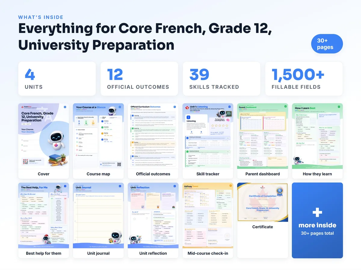 What's inside the Core French, Grade 12, University Preparation workbook — checklist, skills tracker, reflections, parent pages and certificate