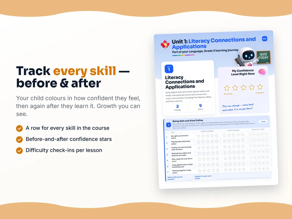 Student self-assessment tracker — before and after confidence rating for each Language, Grade 3 skill