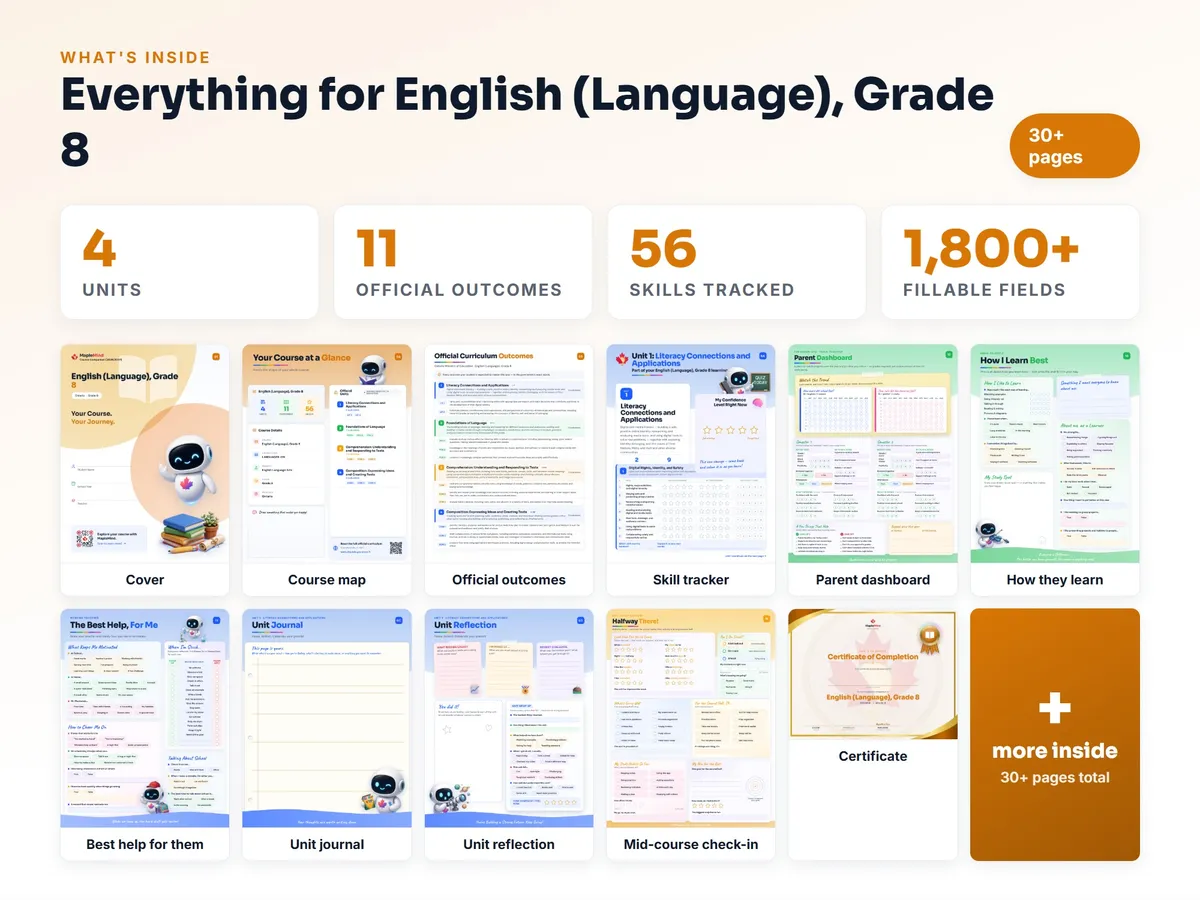 What's inside the English (Language), Grade 8 workbook — checklist, skills tracker, reflections, parent pages and certificate