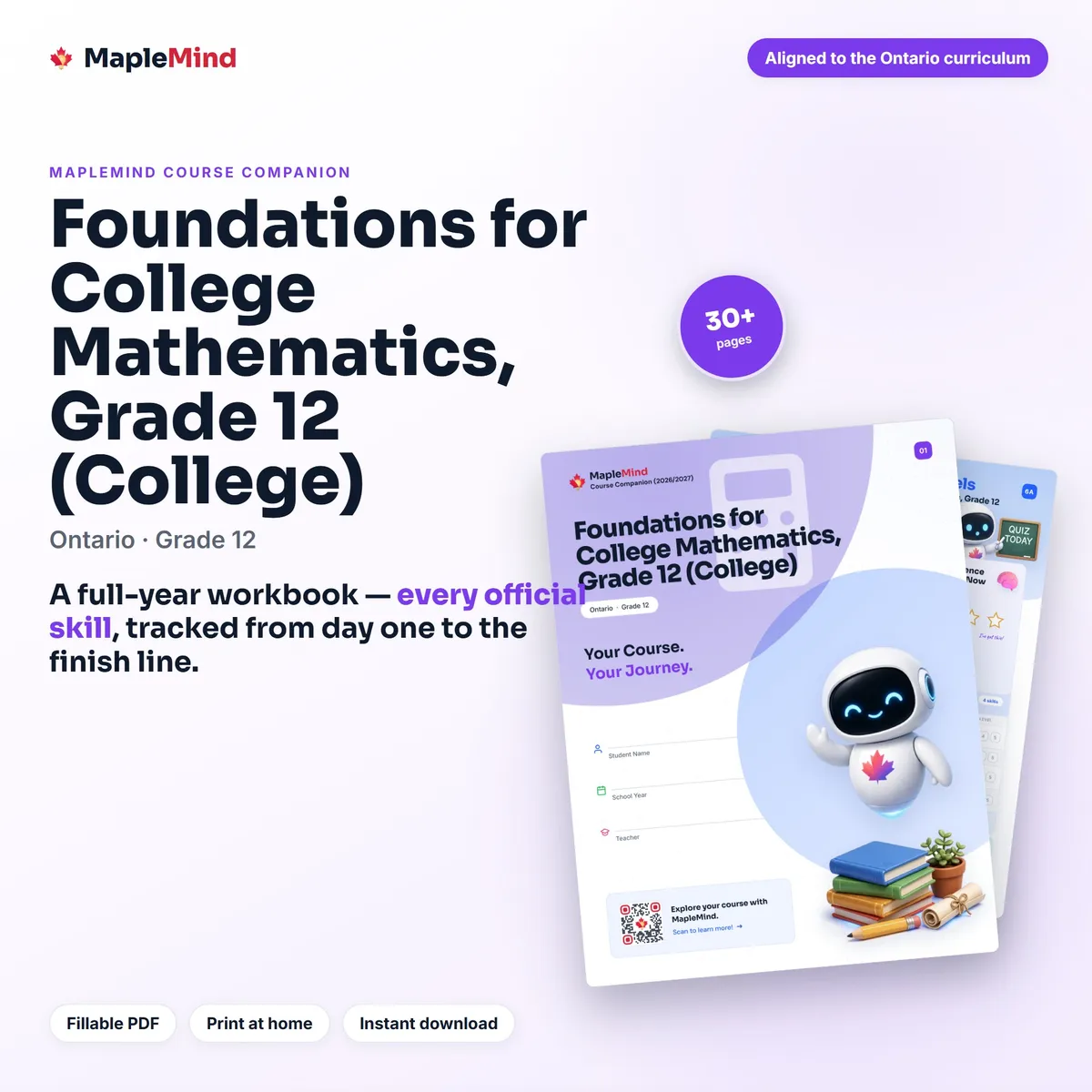 Foundations for College Mathematics, Grade 12 (College) Ontario student workbook and progress tracker — fillable PDF cover
