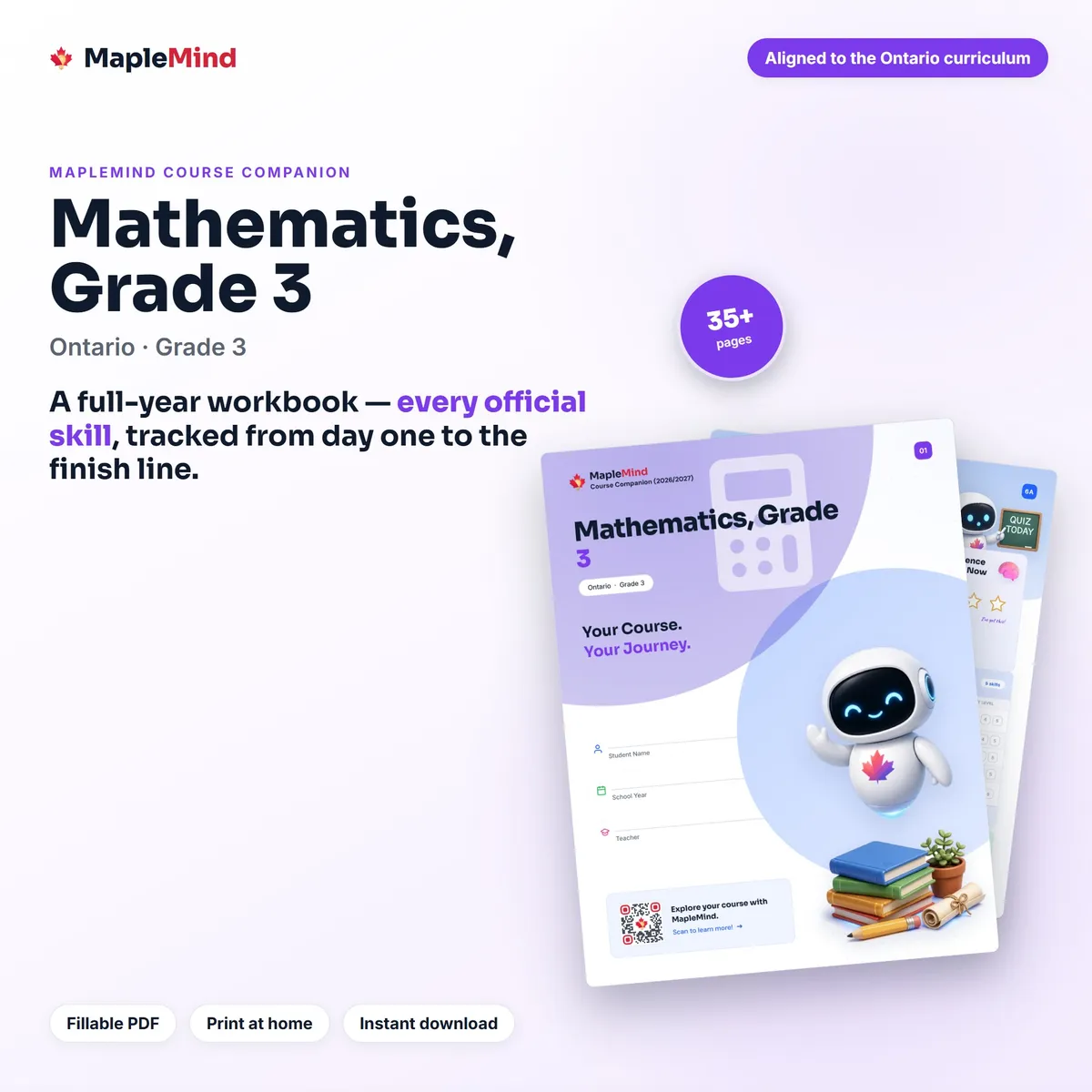 Mathematics, Grade 3 Ontario student workbook and progress tracker — fillable PDF cover