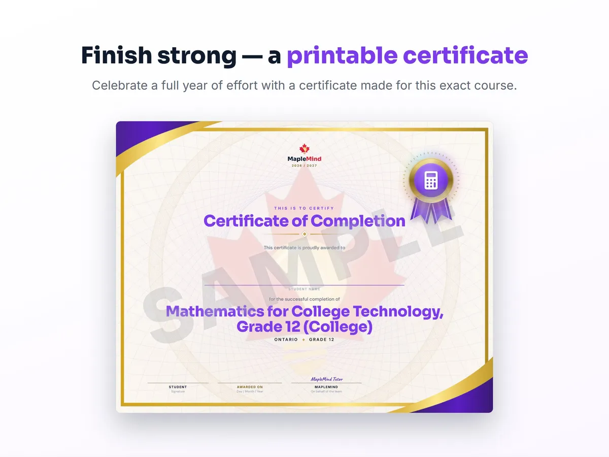 Printable certificate of completion for Mathematics for College Technology, Grade 12 (College) — end of year student award