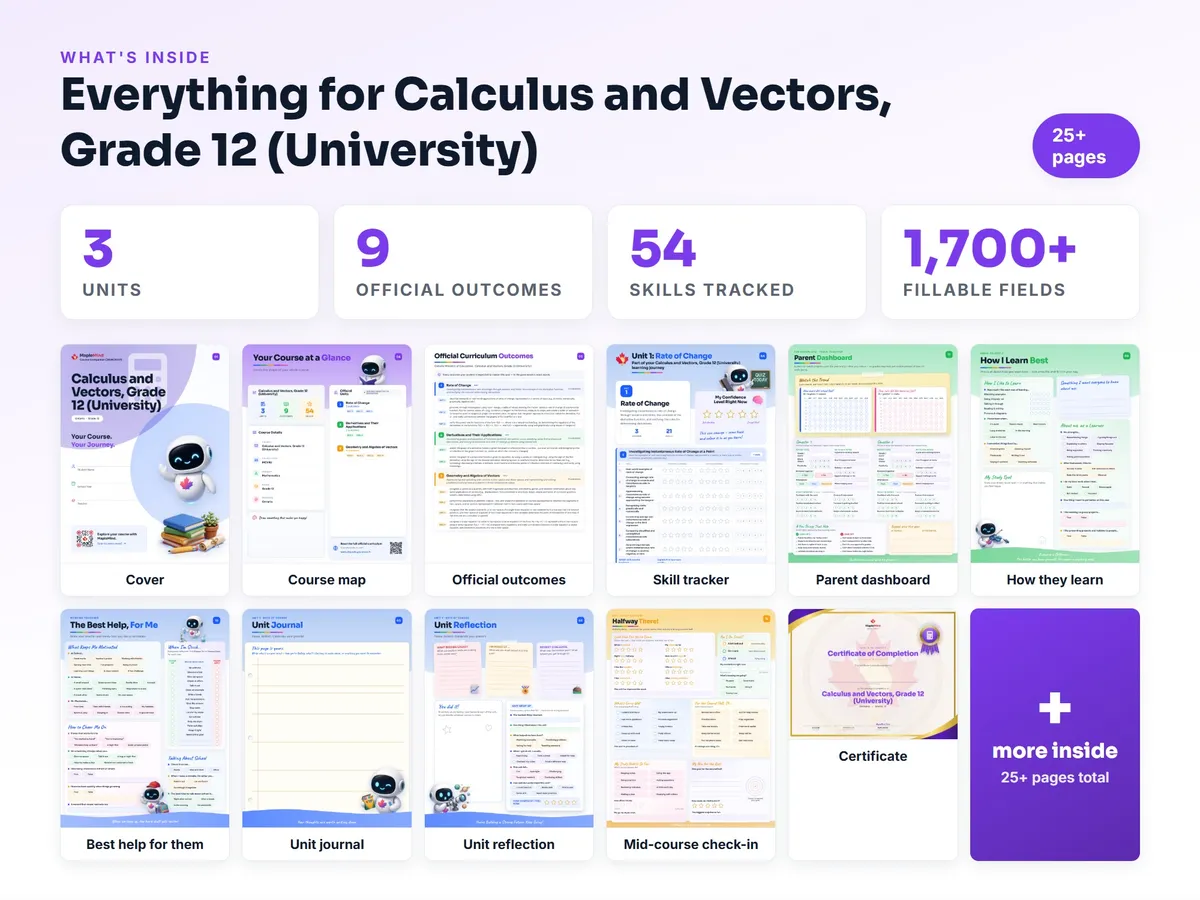 What's inside the Calculus and Vectors, Grade 12 (University) workbook — checklist, skills tracker, reflections, parent pages and certificate