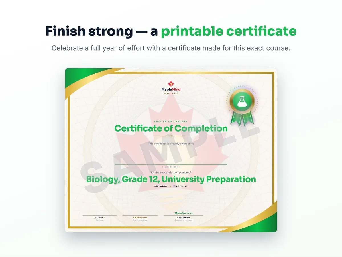 Printable certificate of completion for Biology, Grade 12, University Preparation — end of year student award