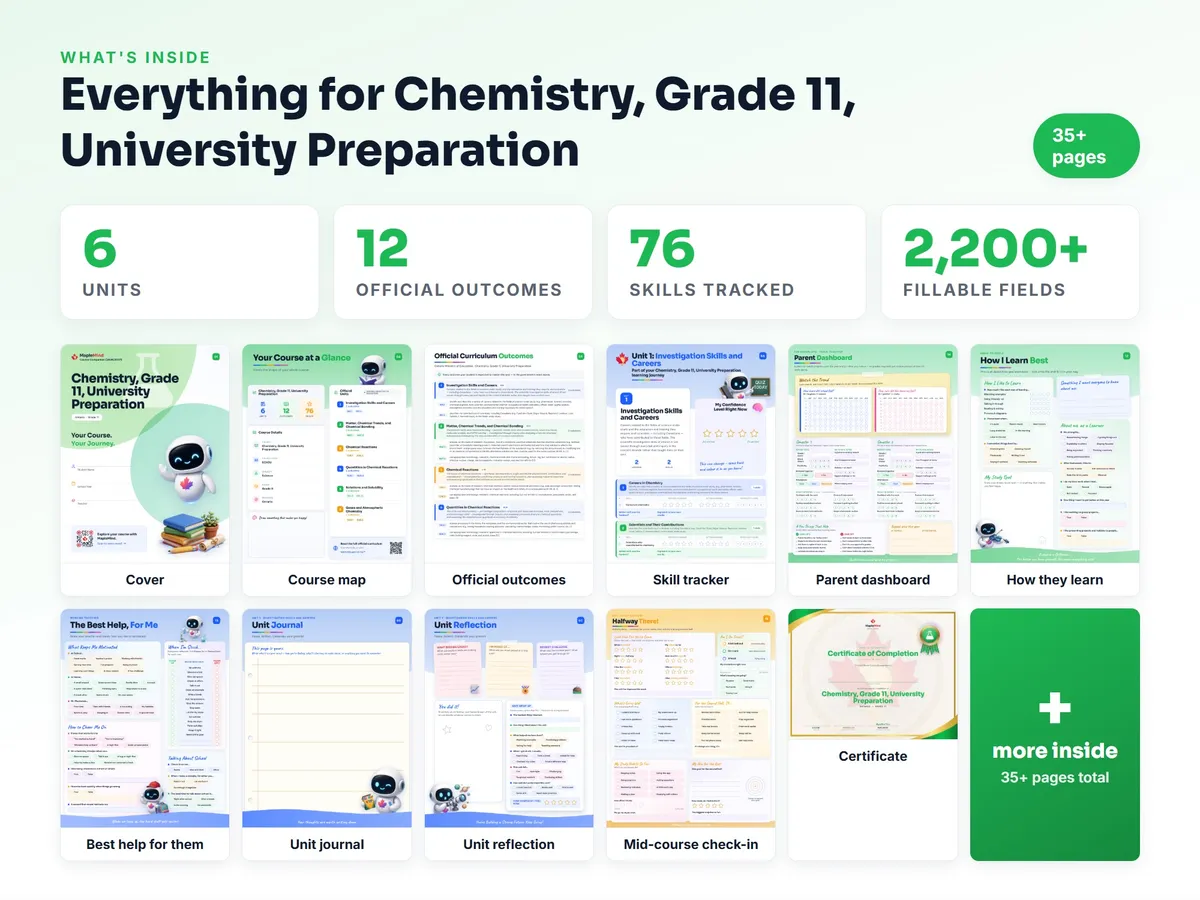 What's inside the Chemistry, Grade 11, University Preparation workbook — checklist, skills tracker, reflections, parent pages and certificate