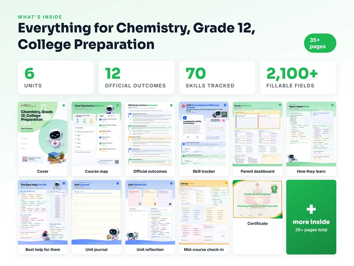 What's inside the Chemistry, Grade 12, College Preparation workbook — checklist, skills tracker, reflections, parent pages and certificate
