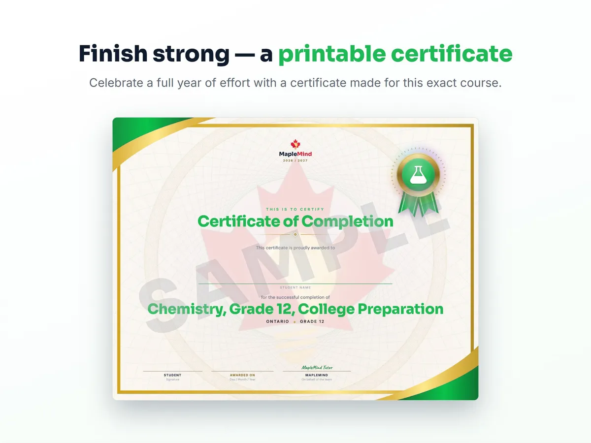 Printable certificate of completion for Chemistry, Grade 12, College Preparation — end of year student award