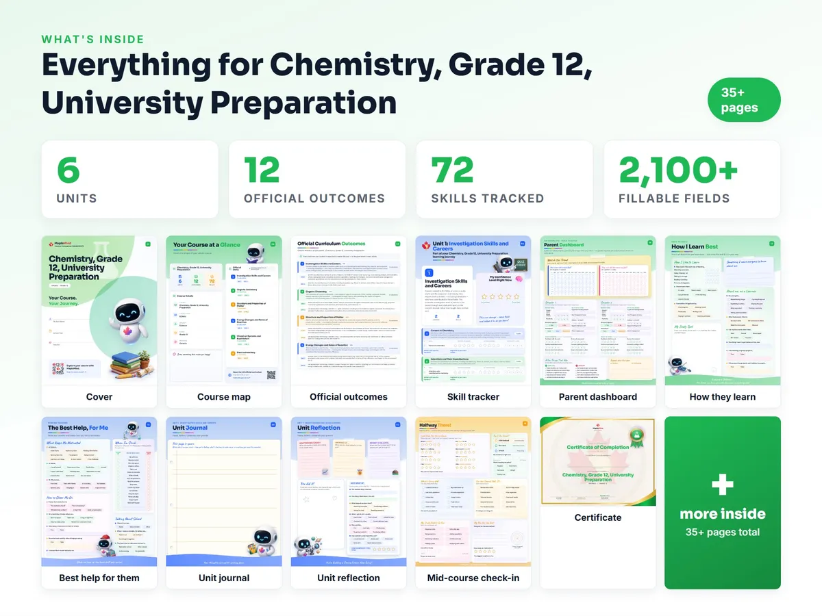 What's inside the Chemistry, Grade 12, University Preparation workbook — checklist, skills tracker, reflections, parent pages and certificate