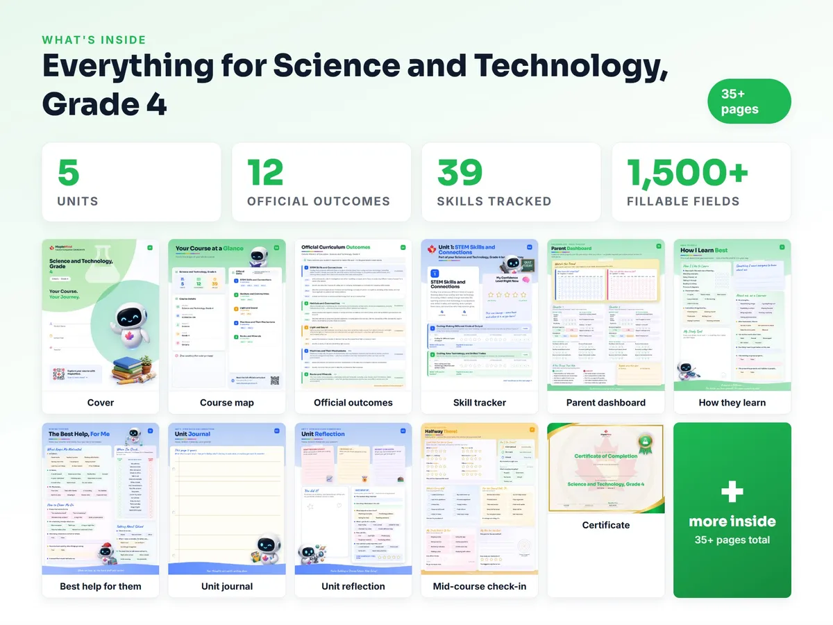 What's inside the Science and Technology, Grade 4 workbook — checklist, skills tracker, reflections, parent pages and certificate