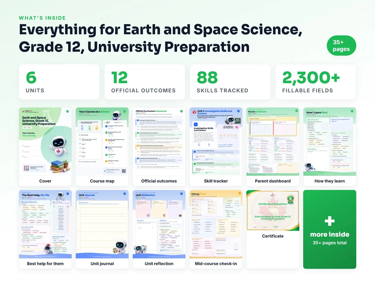 What's inside the Earth and Space Science, Grade 12, University Preparation workbook — checklist, skills tracker, reflections, parent pages and certificate