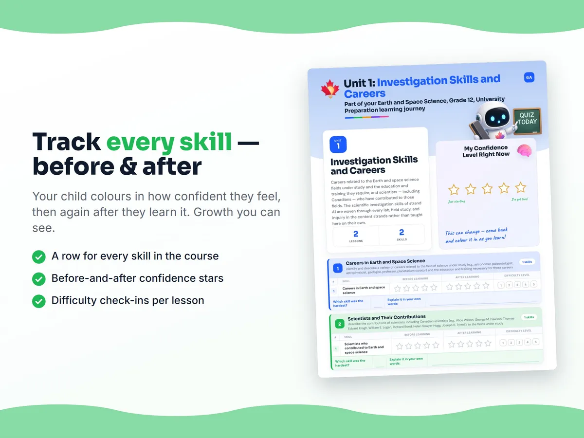 Student self-assessment tracker — before and after confidence rating for each Earth and Space Science, Grade 12, University Preparation skill