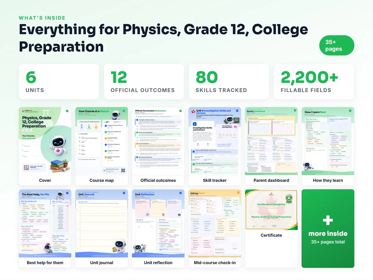What's inside the Physics, Grade 12, College Preparation workbook — checklist, skills tracker, reflections, parent pages and certificate