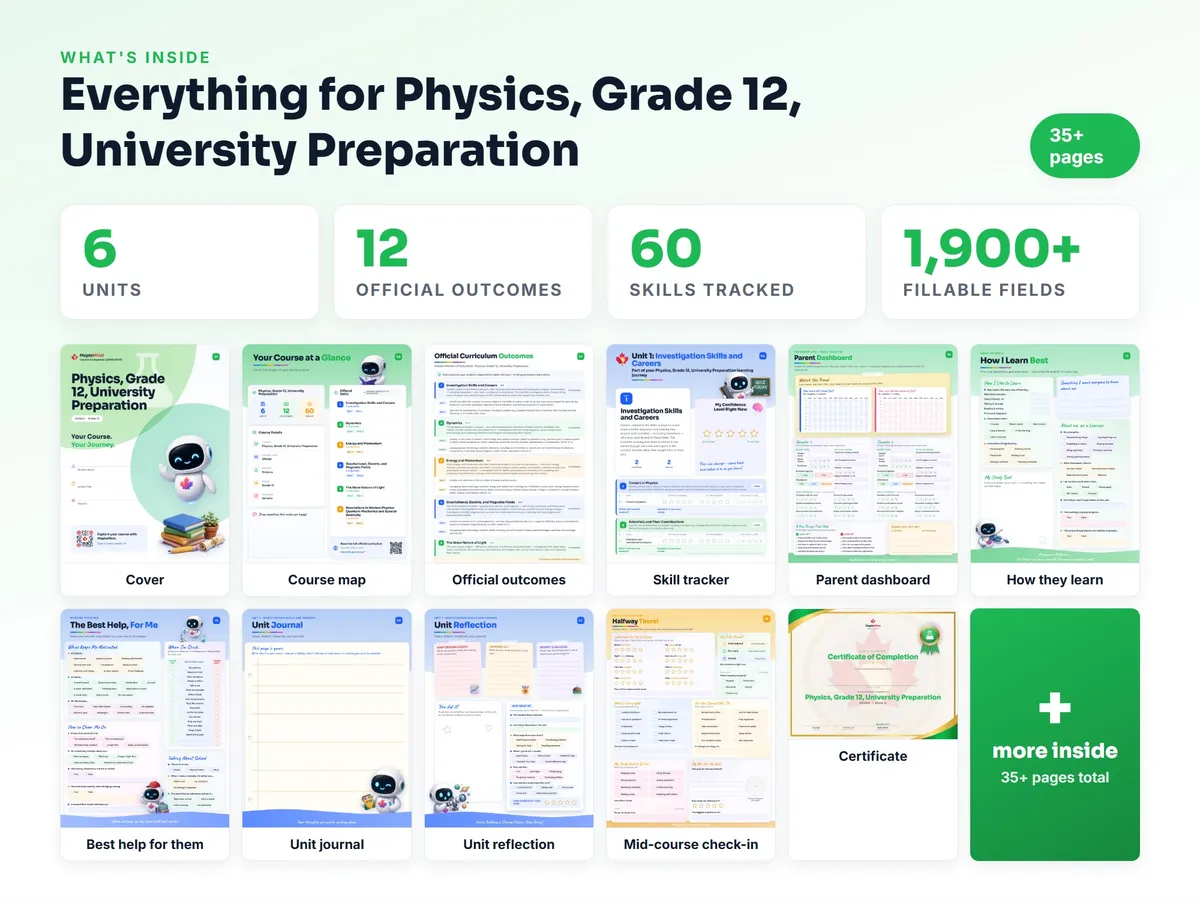 What's inside the Physics, Grade 12, University Preparation workbook — checklist, skills tracker, reflections, parent pages and certificate