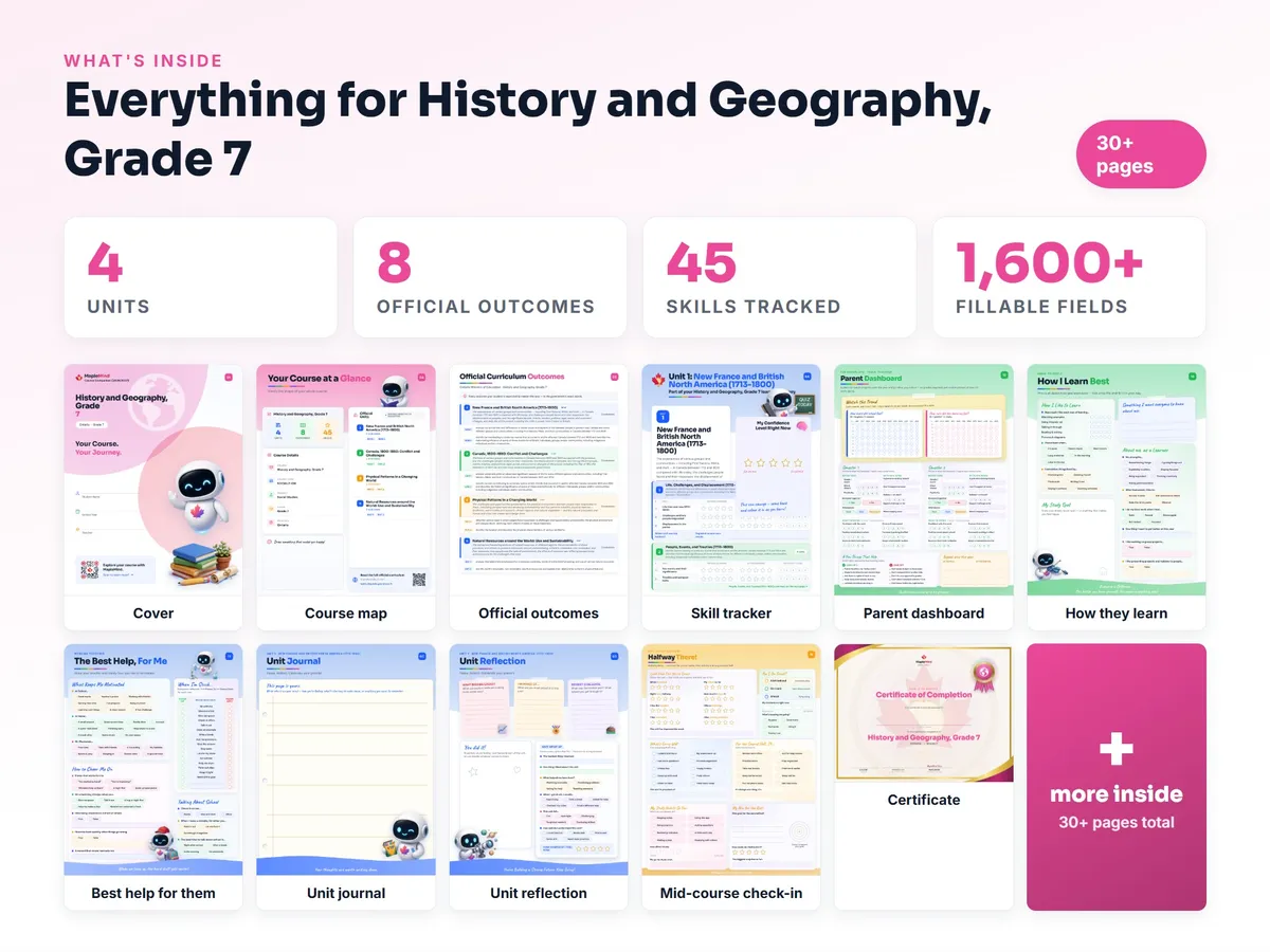 What's inside the History and Geography, Grade 7 workbook — checklist, skills tracker, reflections, parent pages and certificate