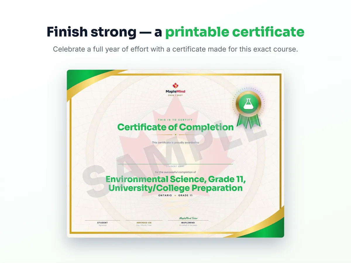 Printable certificate of completion for Environmental Science, Grade 11, University/College Preparation — end of year student award