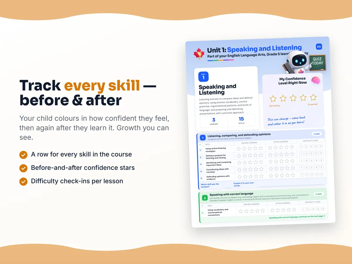Student self-assessment tracker — before and after confidence rating for each English Language Arts, Grade 5 skill