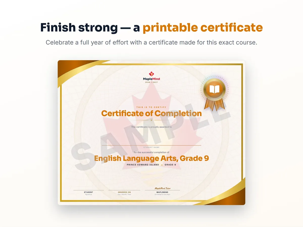 Printable certificate of completion for English Language Arts, Grade 9 — end of year student award