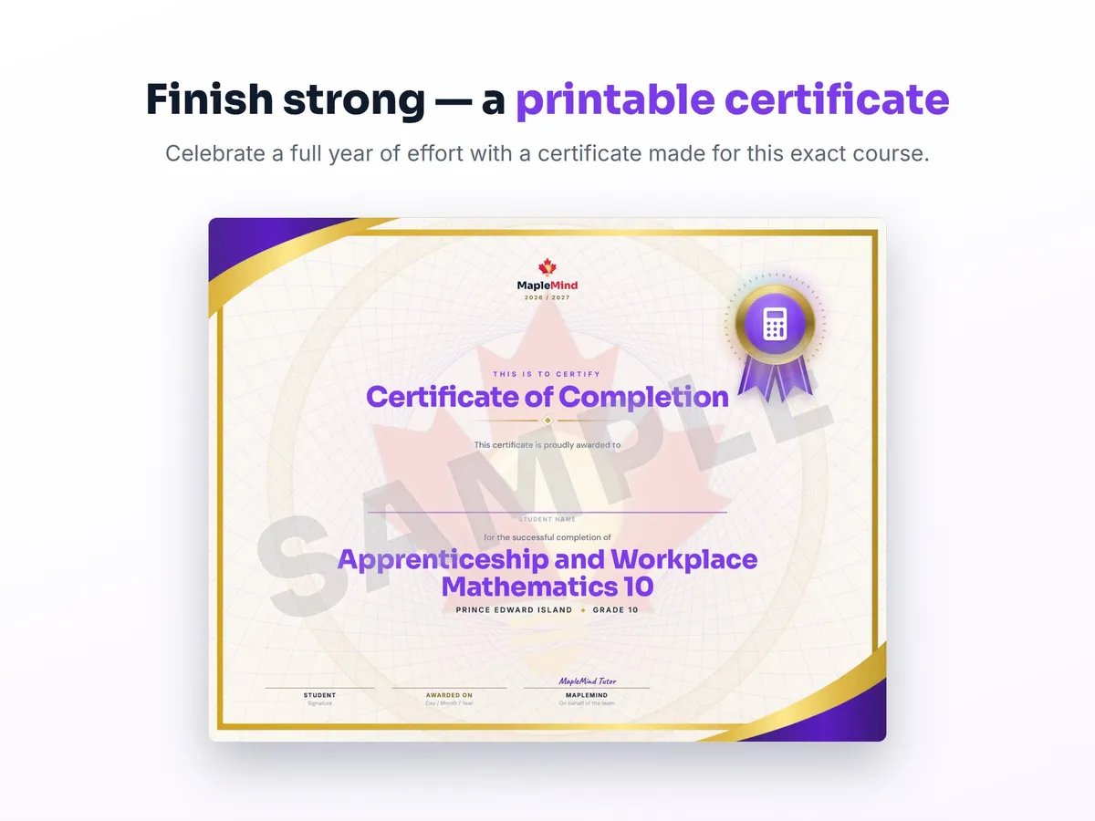 Printable certificate of completion for Apprenticeship and Workplace Mathematics 10 — end of year student award