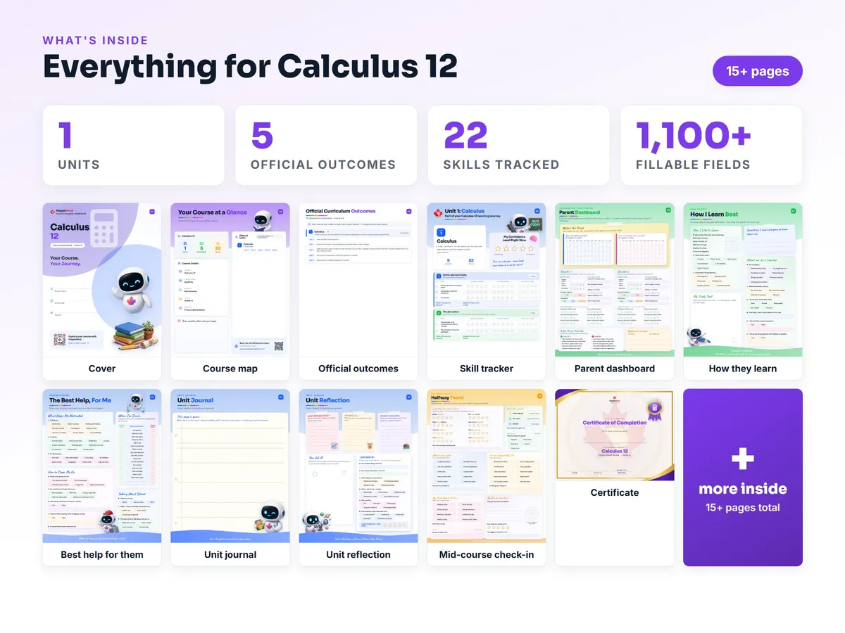 What's inside the Calculus 12 workbook — checklist, skills tracker, reflections, parent pages and certificate