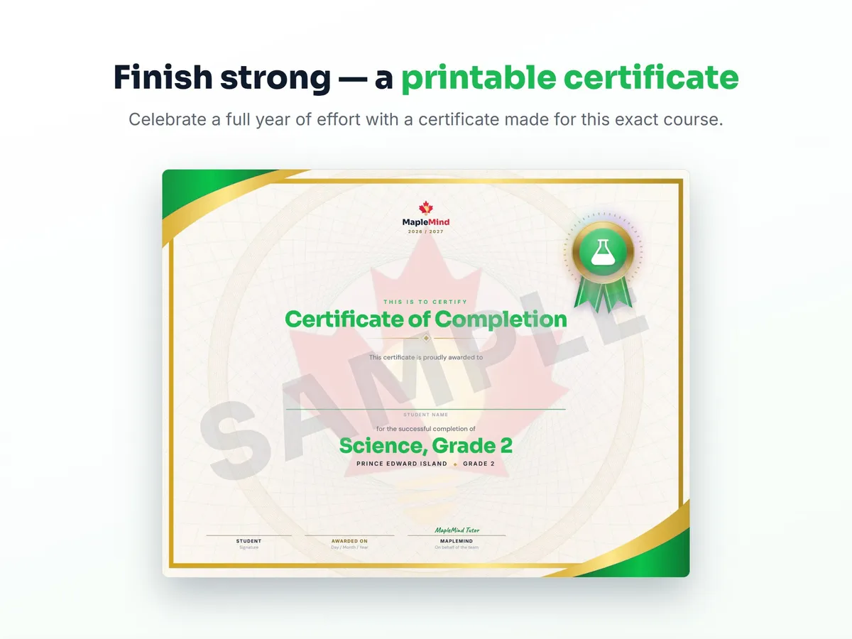 Printable certificate of completion for Science, Grade 2 — end of year student award