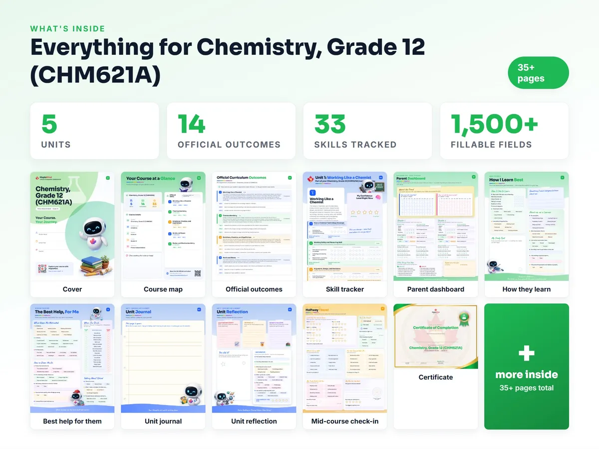 What's inside the Chemistry, Grade 12 (CHM621A) workbook — checklist, skills tracker, reflections, parent pages and certificate