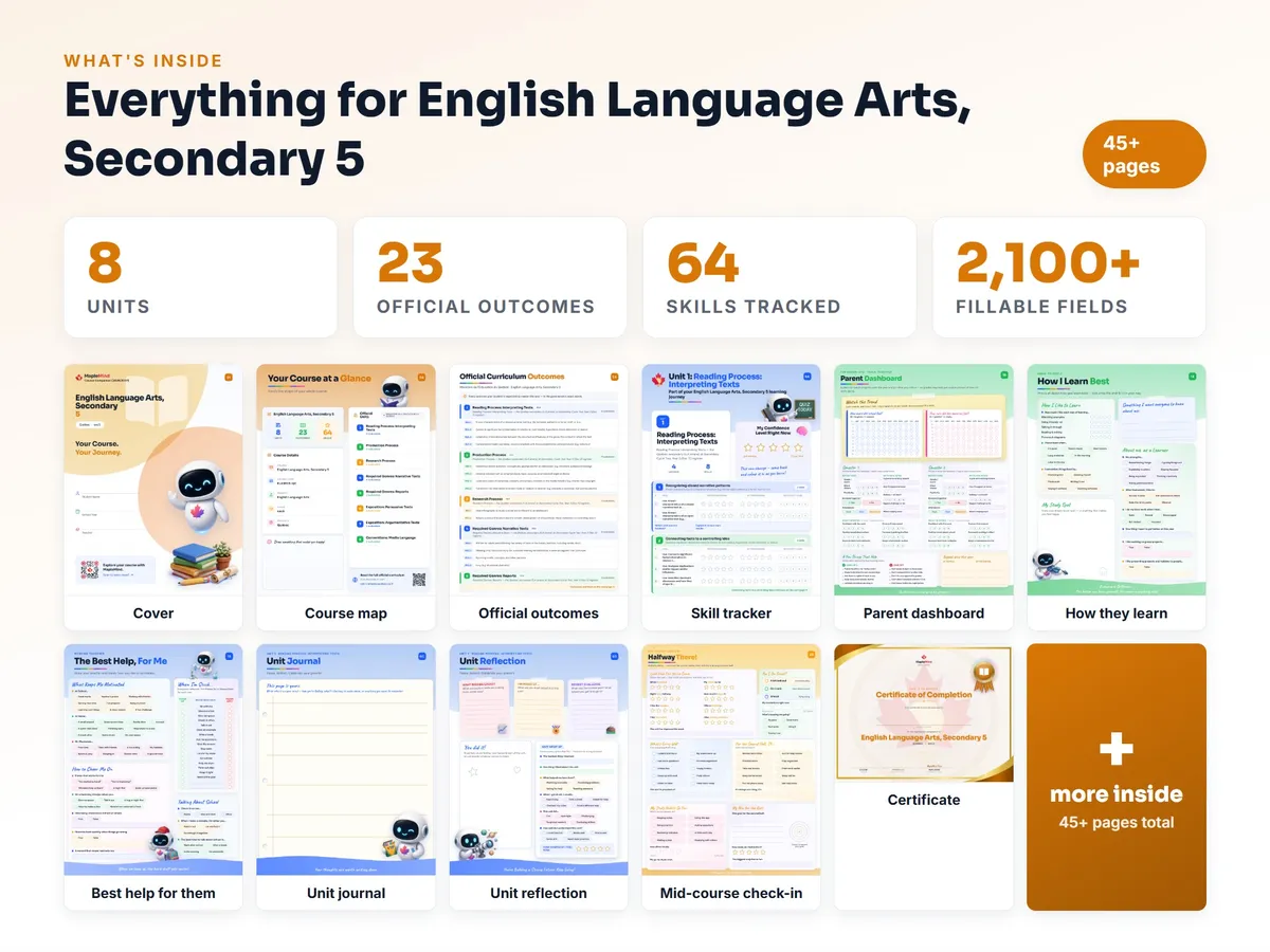 What's inside the English Language Arts, Secondary 5 workbook — checklist, skills tracker, reflections, parent pages and certificate