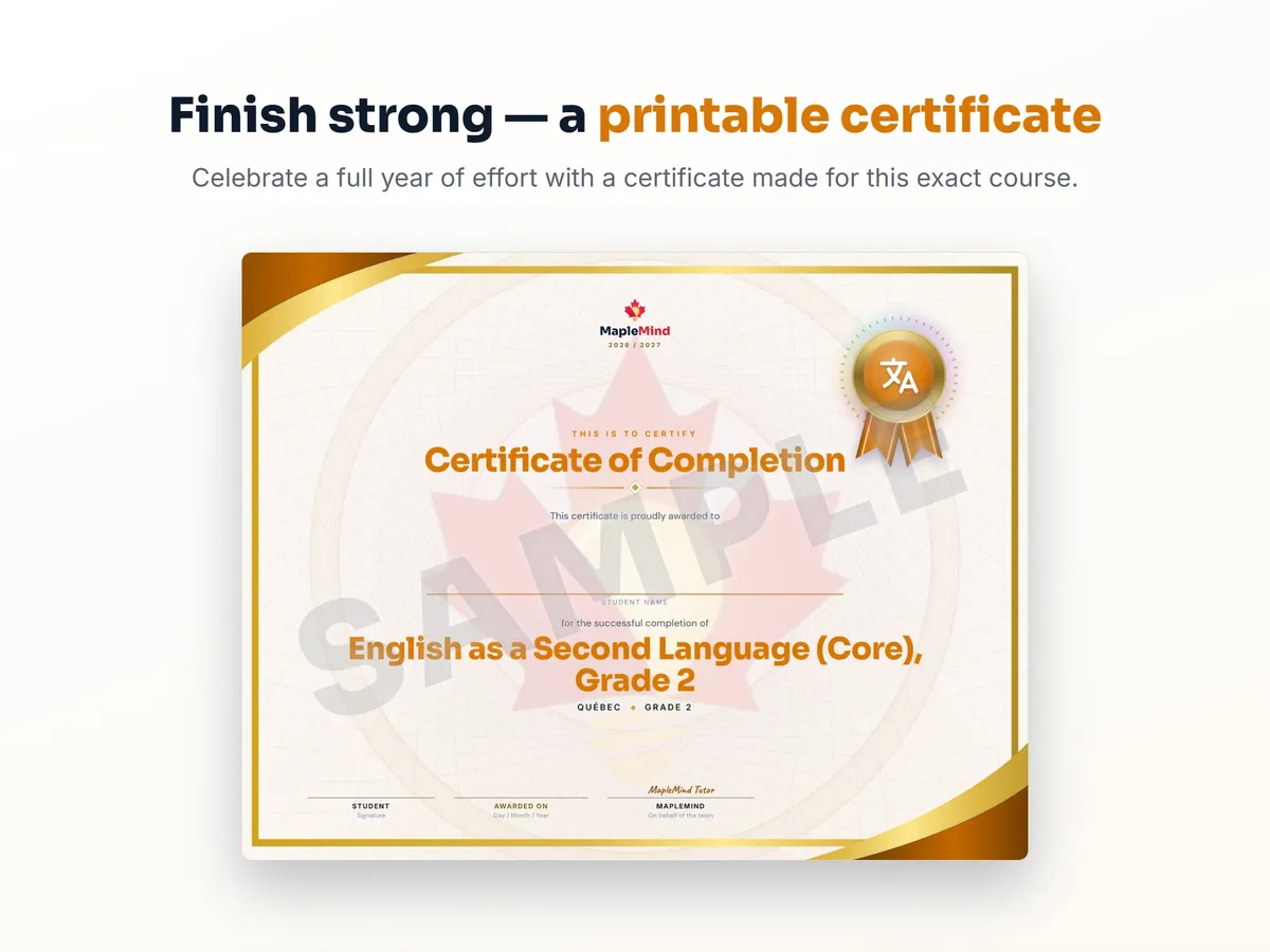 Printable certificate of completion for English as a Second Language (Core), Grade 2 — end of year student award