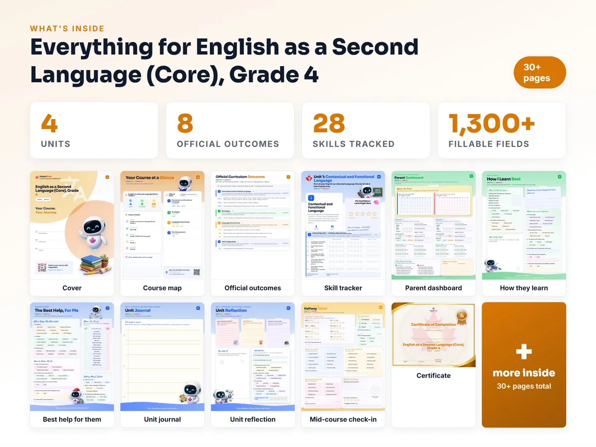 What's inside the English as a Second Language (Core), Grade 4 workbook — checklist, skills tracker, reflections, parent pages and certificate