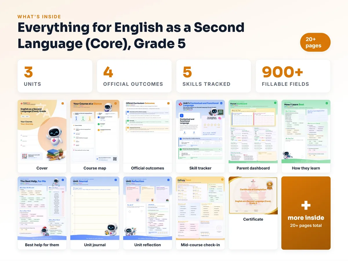 What's inside the English as a Second Language (Core), Grade 5 workbook — checklist, skills tracker, reflections, parent pages and certificate
