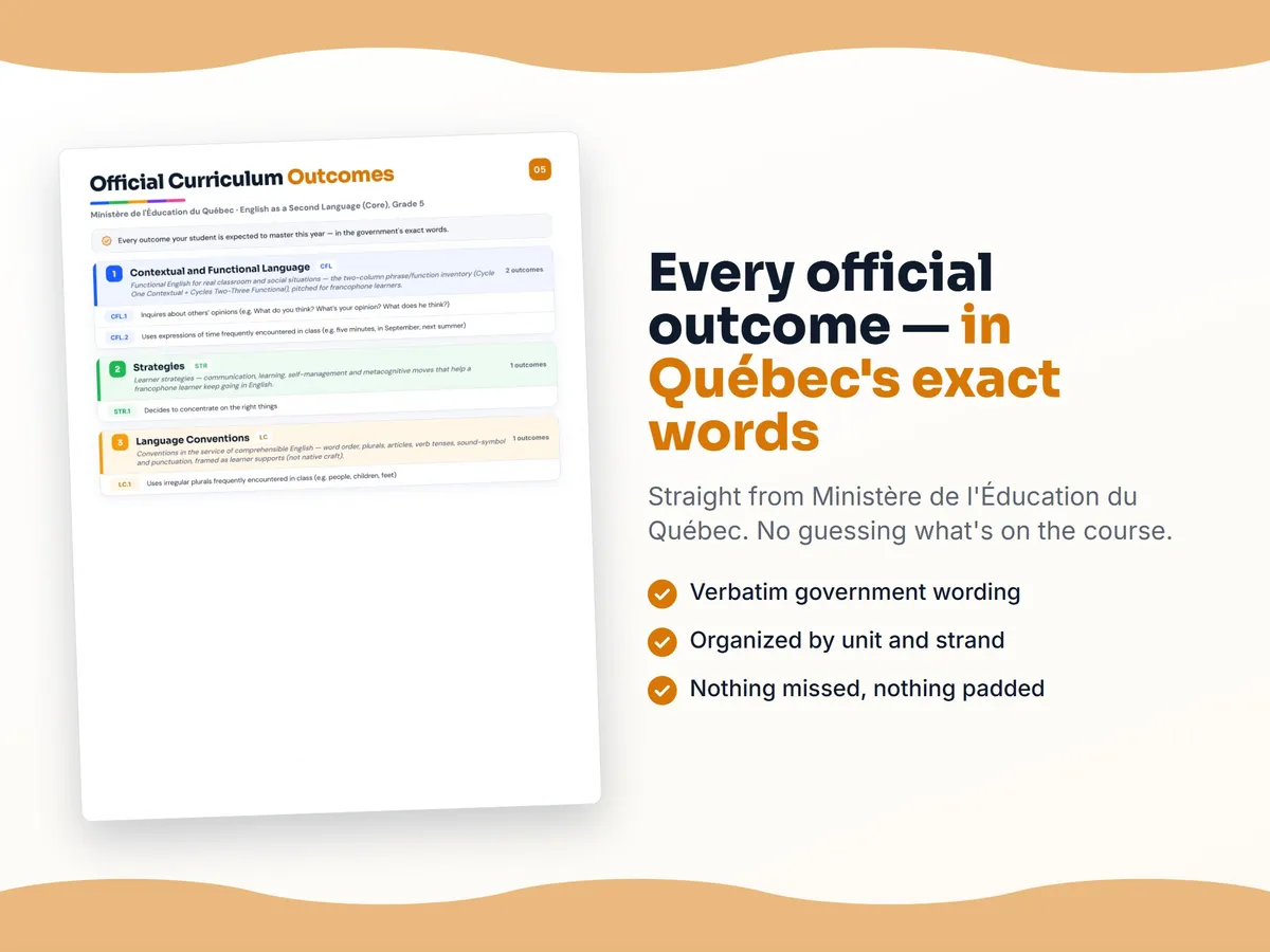 Curriculum checklist — every official Quebec outcome for English as a Second Language (Core), Grade 5 written as I can statements, unit by unit