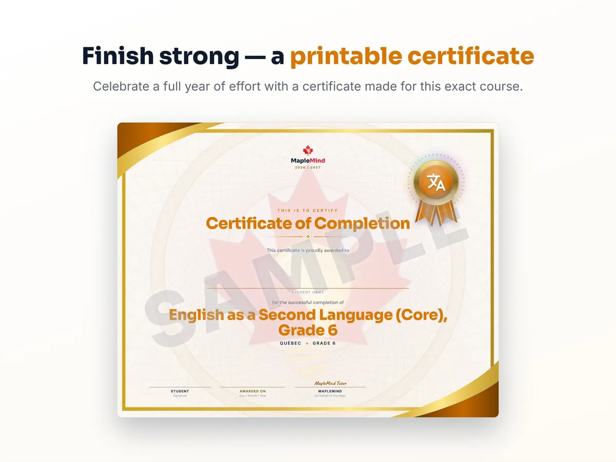 Printable certificate of completion for English as a Second Language (Core), Grade 6 — end of year student award