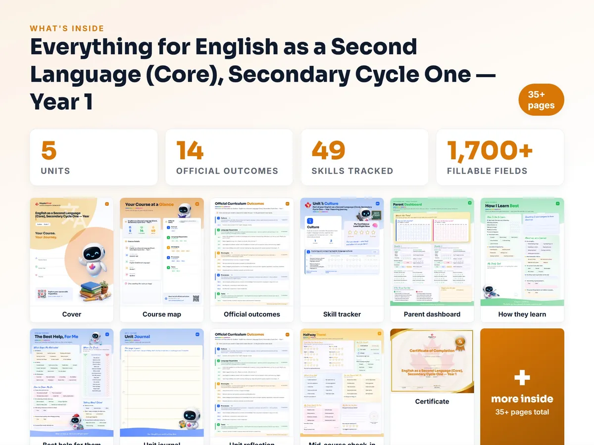 What's inside the English as a Second Language (Core), Secondary Cycle One — Year 1 workbook — checklist, skills tracker, reflections, parent pages and certificate