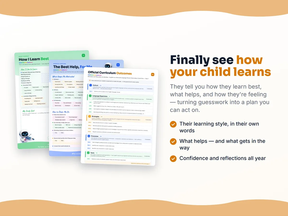 How I learn best — study habits and student reflection pages in the English as a Second Language (Core), Secondary Cycle One — Year 1 workbook