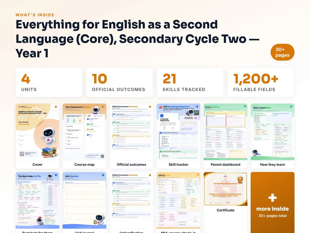 What's inside the English as a Second Language (Core), Secondary Cycle Two — Year 1 workbook — checklist, skills tracker, reflections, parent pages and certificate