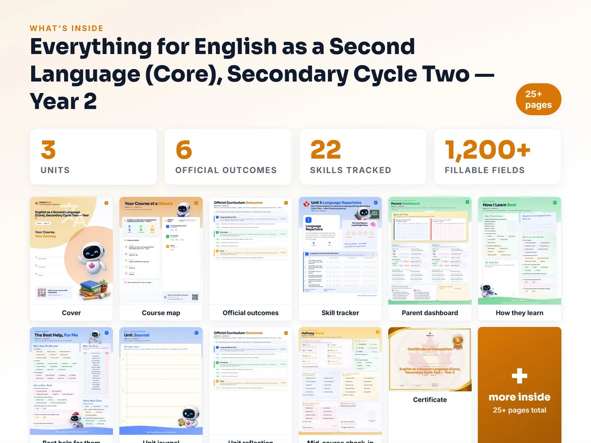 What's inside the English as a Second Language (Core), Secondary Cycle Two — Year 2 workbook — checklist, skills tracker, reflections, parent pages and certificate