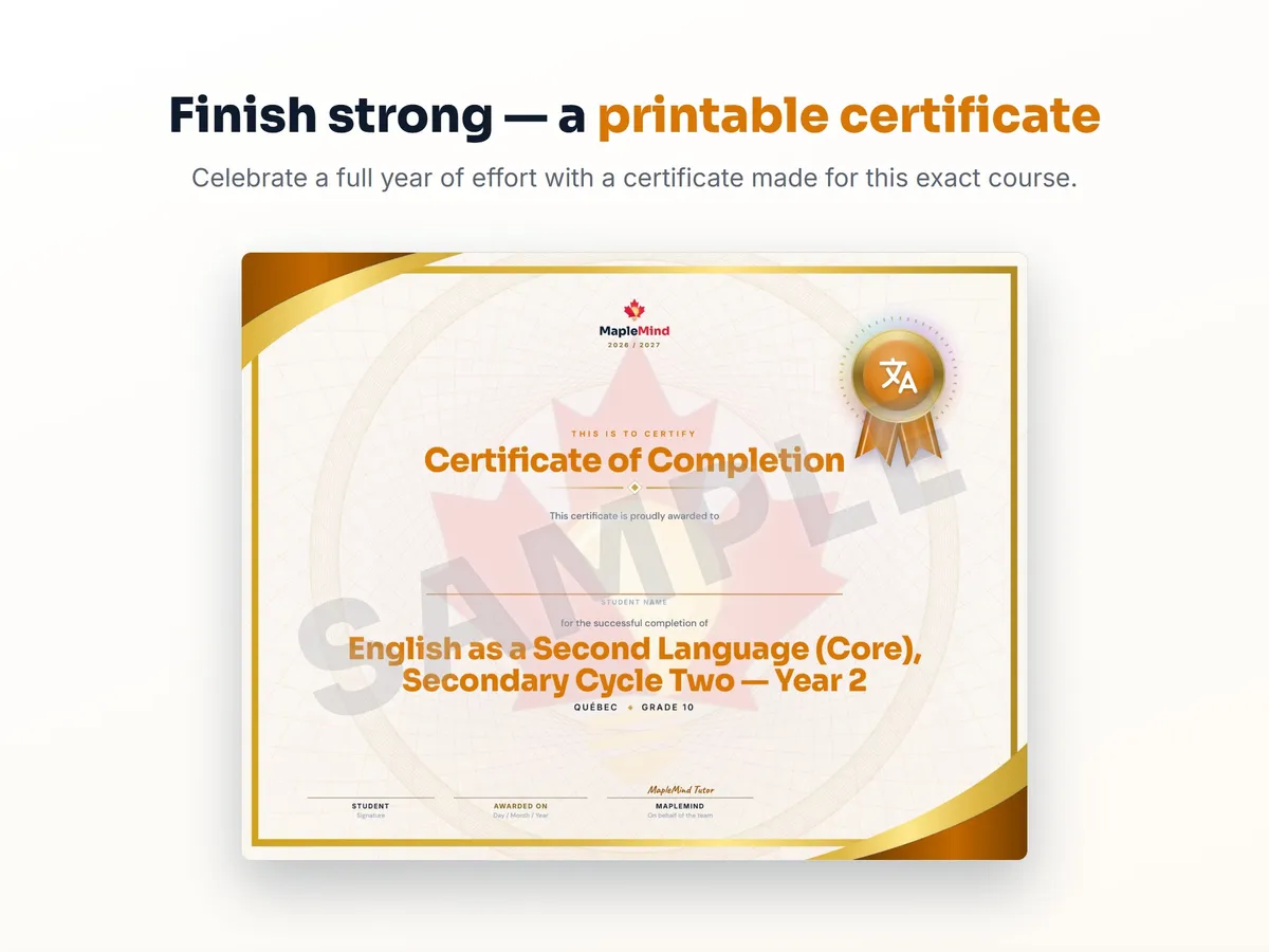 Printable certificate of completion for English as a Second Language (Core), Secondary Cycle Two — Year 2 — end of year student award
