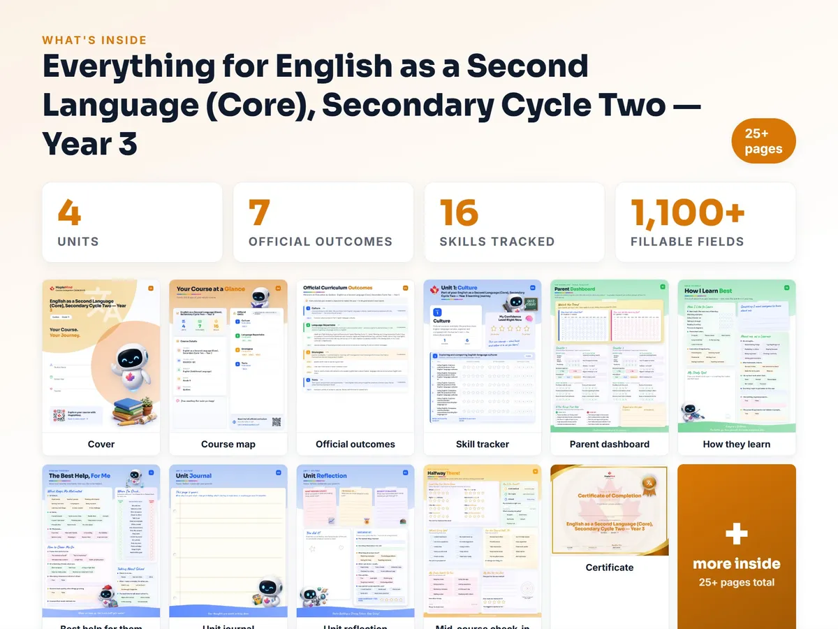 What's inside the English as a Second Language (Core), Secondary Cycle Two — Year 3 workbook — checklist, skills tracker, reflections, parent pages and certificate