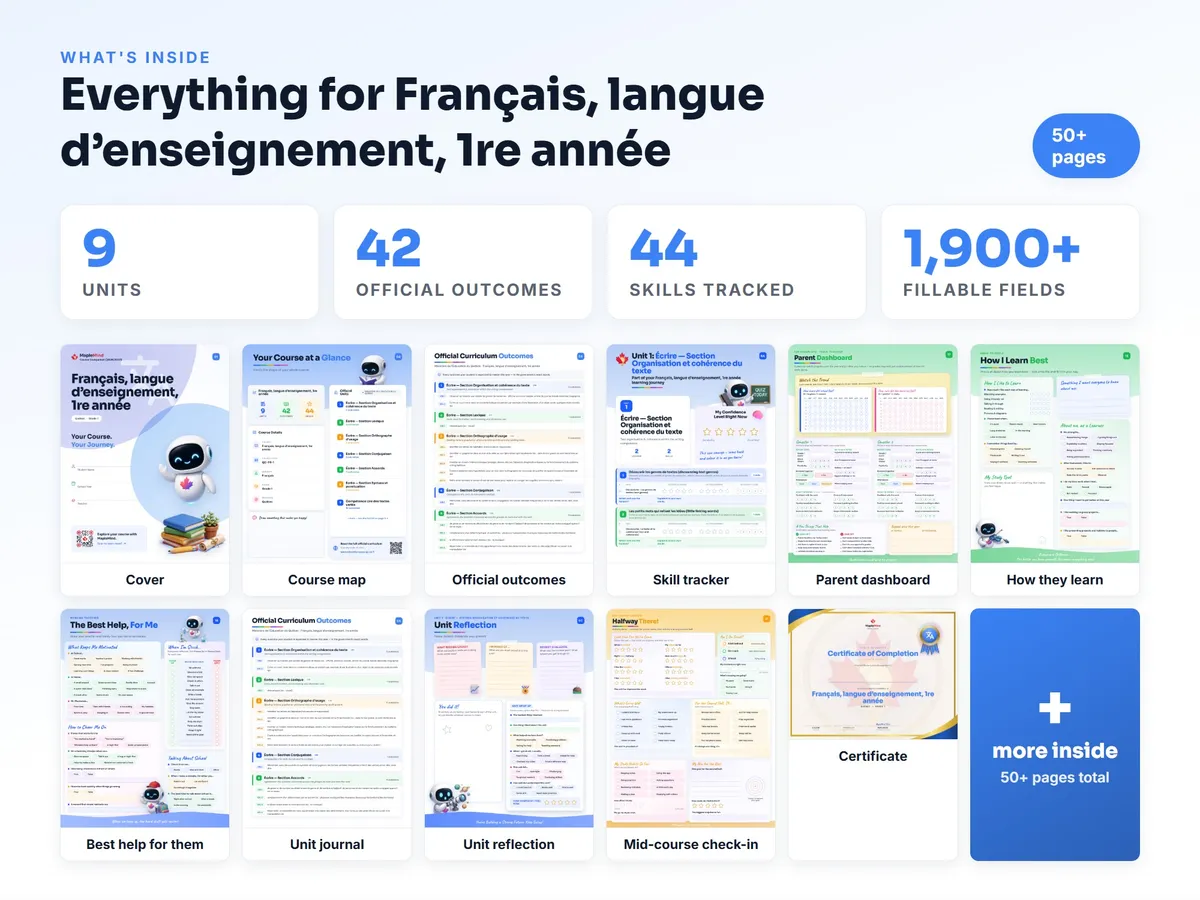 What's inside the Français, langue d’enseignement, 1re année workbook — checklist, skills tracker, reflections, parent pages and certificate