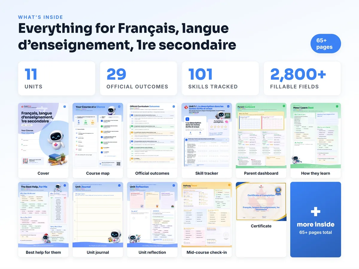 What's inside the Français, langue d’enseignement, 1re secondaire workbook — checklist, skills tracker, reflections, parent pages and certificate